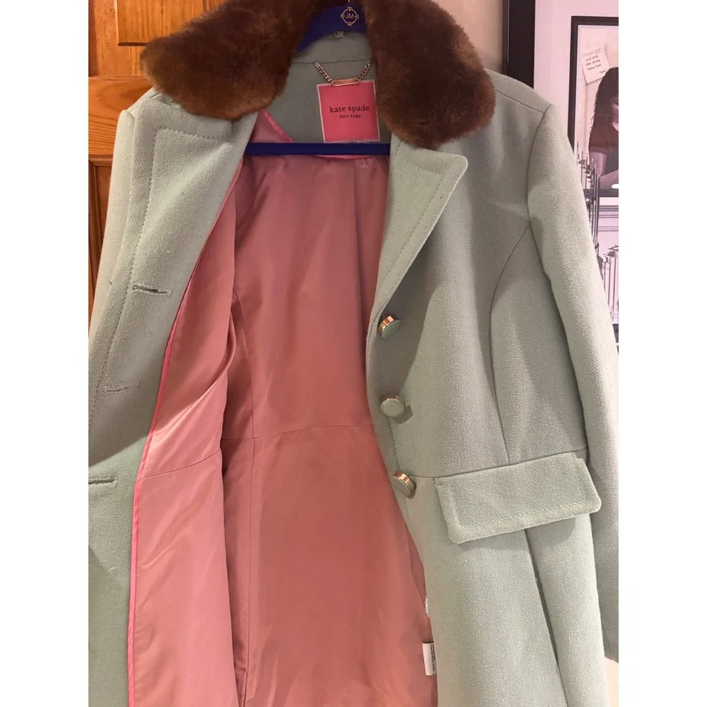Kate Spade New York Seafoam Green Wool Blend Faux Fur Collar Coat XL K29775B - Picture 7 of 14